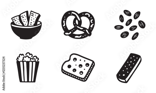 Explore Six Black and White Snack Icons: Fries, Pretzel, Popcorn, Cheese, Peanuts, and Pizza