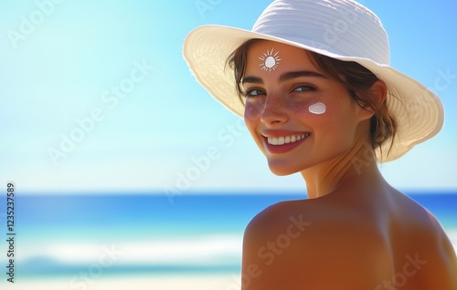 Photo of a woman with a sunscreen cream painted in the shape of a small sun on her face. She is wearing a white hat and smiling at the beach. The background is a clear blue sky and sea. 