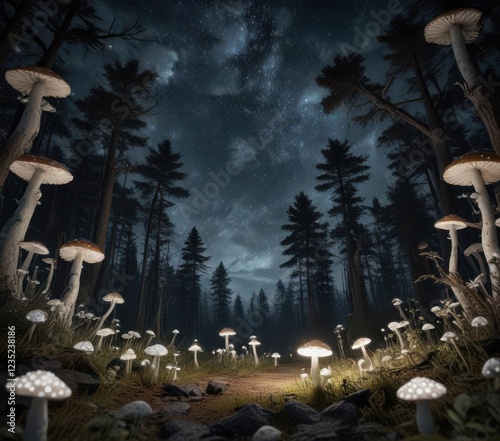 Dark forest with starry night sky and white, glowing mushrooms in a circle formation,  atmosphere,  forest photo