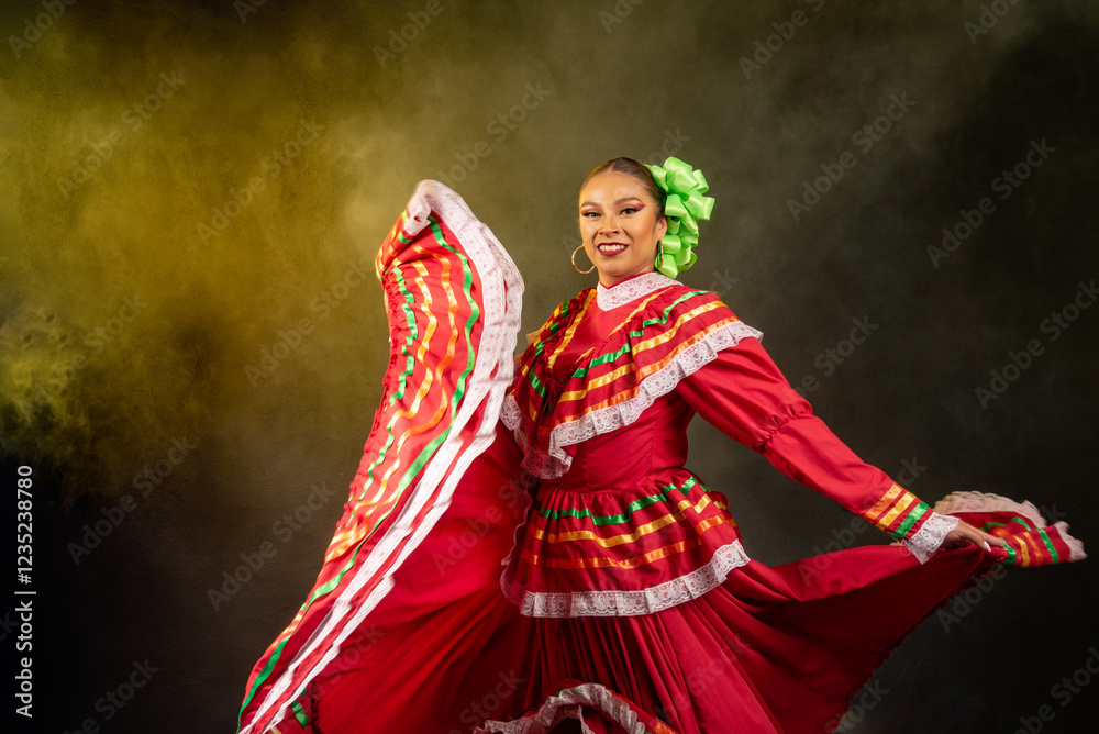 A woman in a red dress is dancing with a fan A woman in a red dress is dancing with a fan