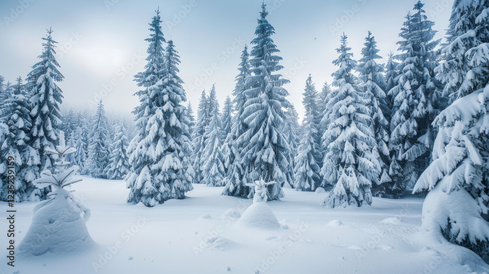 Snow-Covered Pine Forest: A serene winter scene with snow blanketing the trees and ground.
Snow-Covered Pine Forest: A serene winter scene with snow blanketing the trees and ground.