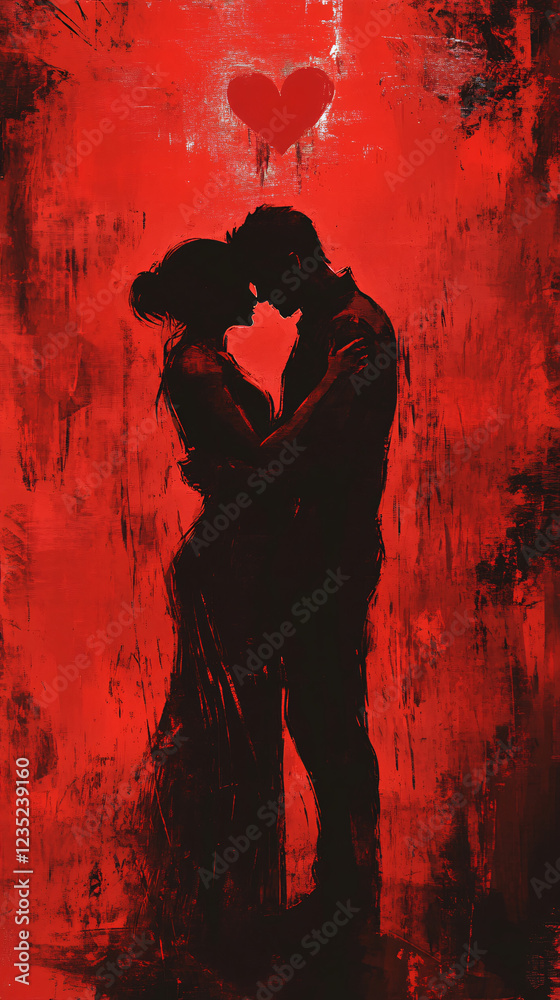Silhouetted Couple Embracing with a Heart Symbol, Romantic Digital Illustration with a Dramatic Red Textured Background Silhouetted Couple Embracing with a Heart Symbol, Romantic Digital Illustration with a Dramatic Red Textured Background