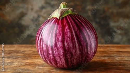 Single striped eggplant on rustic wooden surface, blurred background photo