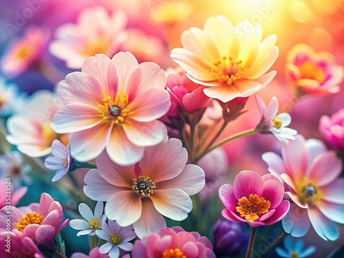 Aerial Macro Spring Flowers: Vibrant Bloom Close-Up with Typography Space