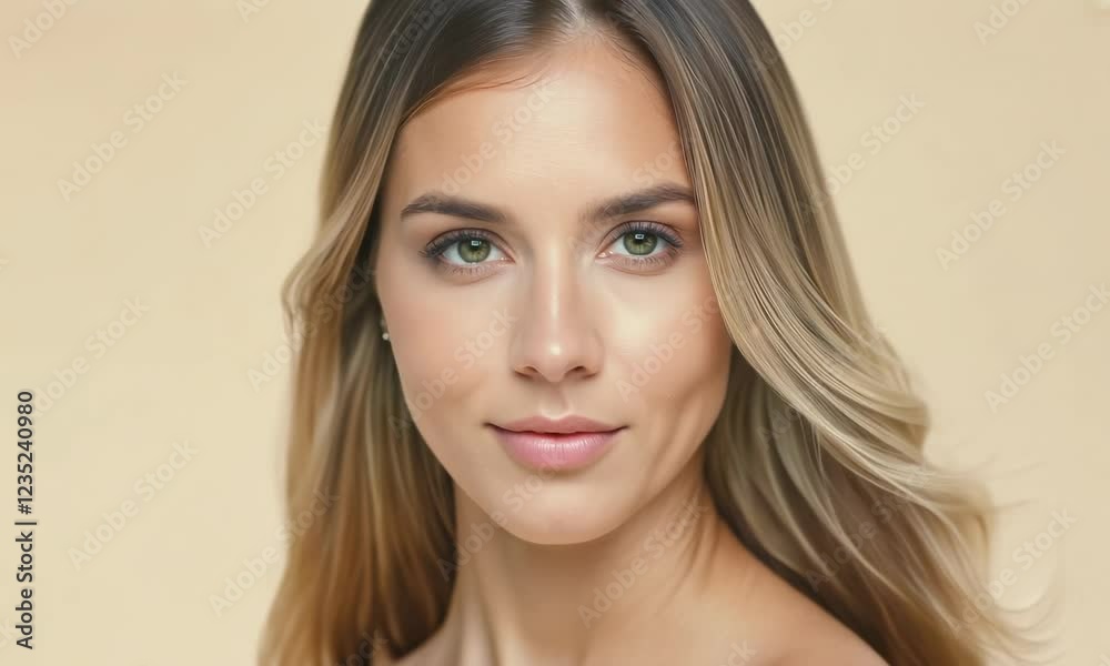 Young blonde model posing and looking at camera on a beige background Young blonde model posing and looking at camera on a beige background
