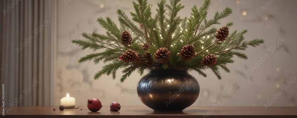 Fototapeta premium Decorative Christmas tree branches with ornaments and pinecones in a vase, ornaments, decorative