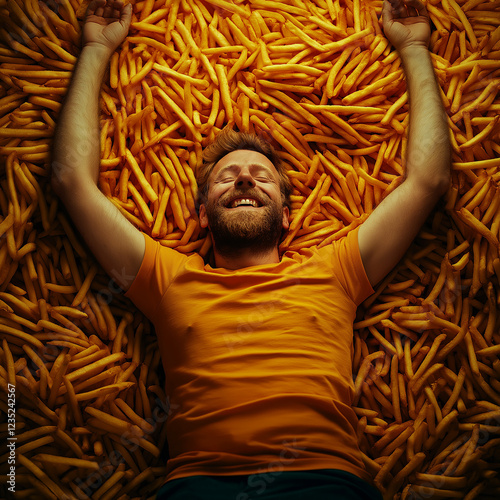 Ein Mann liegt glücklich in einem Meer aus knusprigen Pommes frites.

 photo