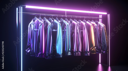 A futuristic clothing rail with metallic garments, offering a modern and cutting-edge fashion display. Retro Futurism. Illustration photo