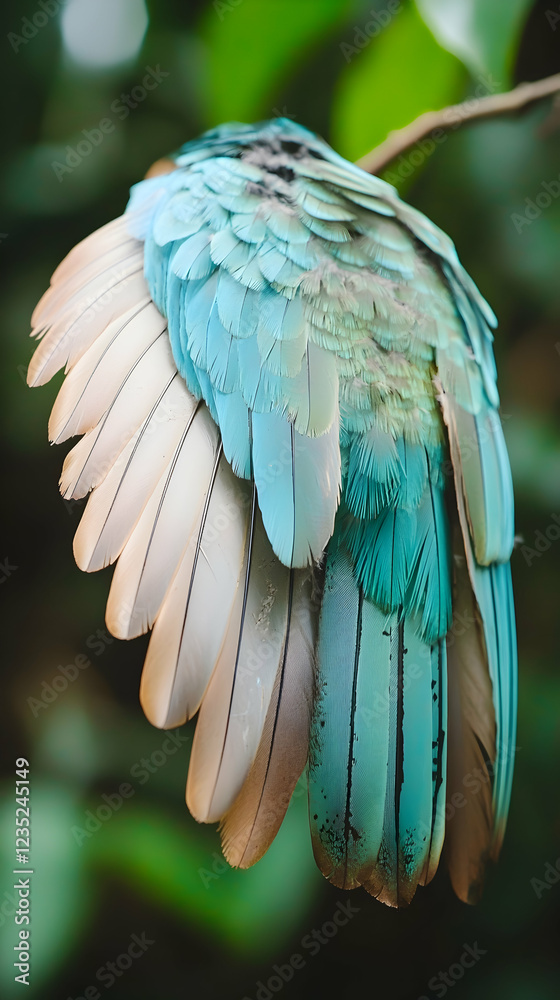 Obraz premium Turquoise bird resting wings foliage background nature poster