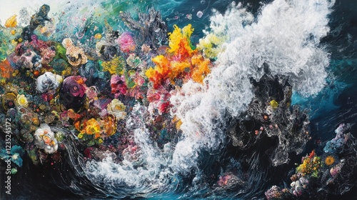 Fototapeta Naklejka Na Ścianę i Meble -  Vibrant Coral Reef Encounters Powerful Ocean Wave