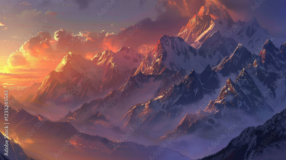 Obraz premium Sunrise over a Mountain Range: Capturing the first light of day illuminating the peaks and valleys.