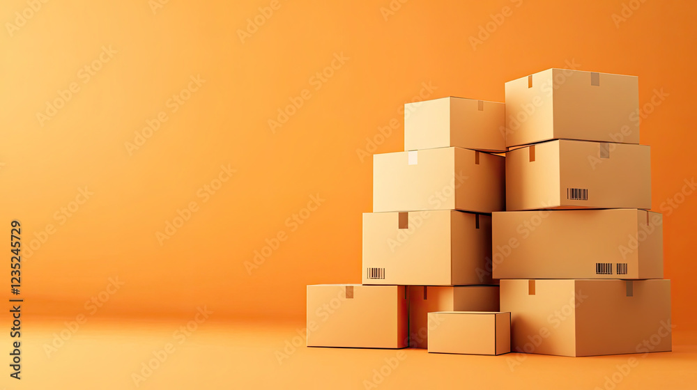 Minimalist Stack of Cardboard Boxes on Vibrant Orange Background Minimalist Stack of Cardboard Boxes on Vibrant Orange Background