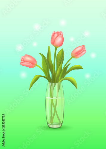 Three pink tulips stand in a glass vase on a vertical blue-green background with a scattering of highlights. Greeting cards. Happy Birthday. International Women's Day. Spring day. Vector illustration.