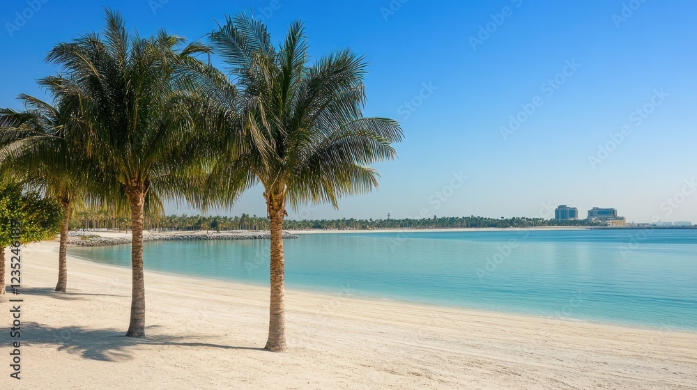 Fototapeta premium Tranquil Palm Trees Frame Scenic Beach View