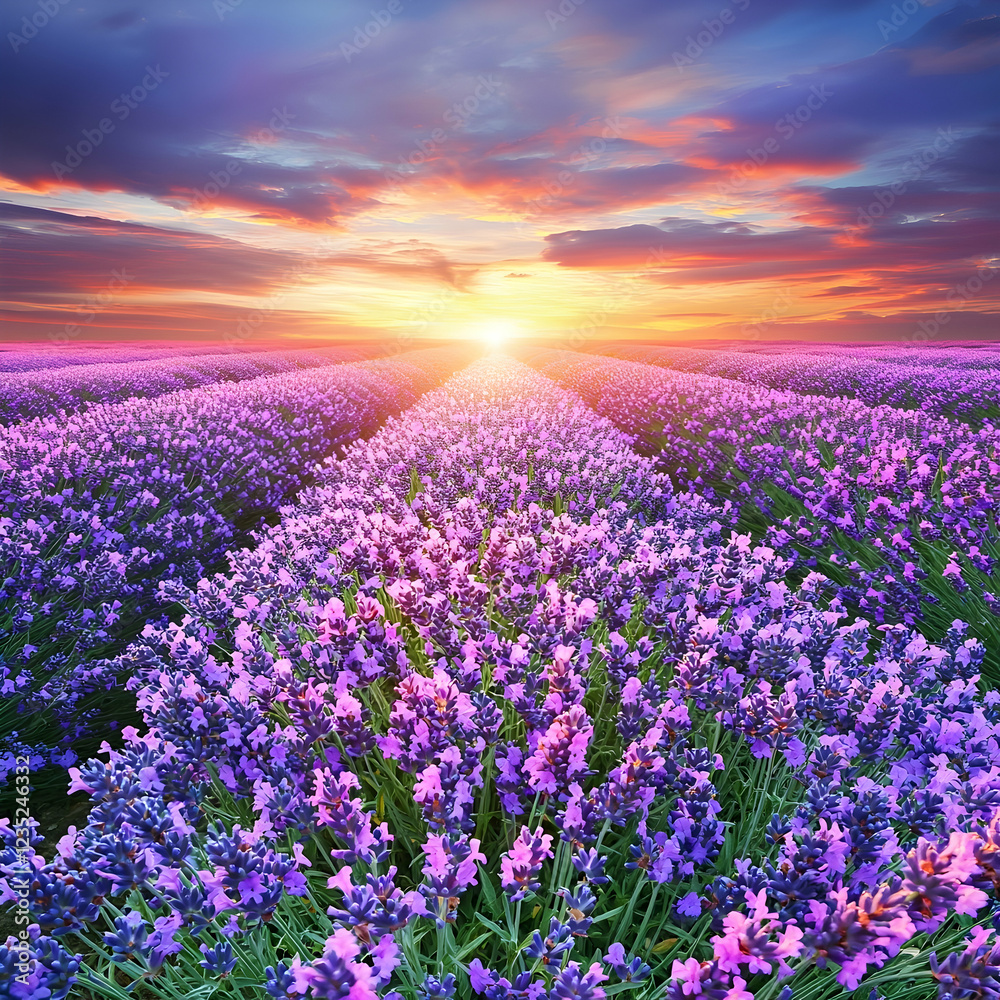 Obraz premium Lavender field sunset landscape, vibrant colors, tranquil scene, idyllic rural setting, perfect for travel brochures
