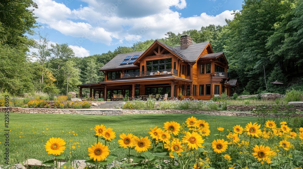 Rustic Wooden House nestled amongst lush greenery and sunflowers Rustic Wooden House nestled amongst lush greenery and sunflowers
