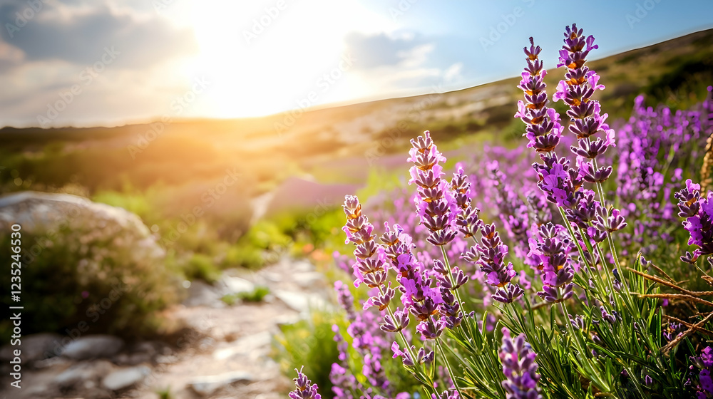 Fototapeta premium Sunset Lavender Field Path, Hilly Landscape, Provence, France, aromatherapy