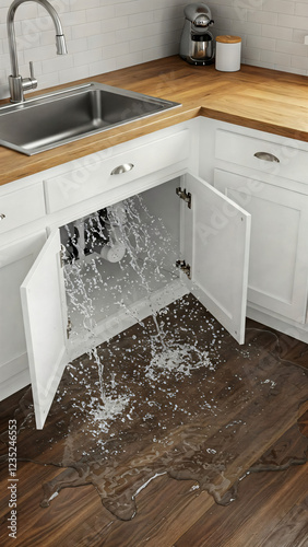 Leaking pipe under kitchen sink. Troubleshooting concept, accident, flood, plumbing, services, home maintenance, emergency service, flood, water splash, problem solving, neighbors, outrage