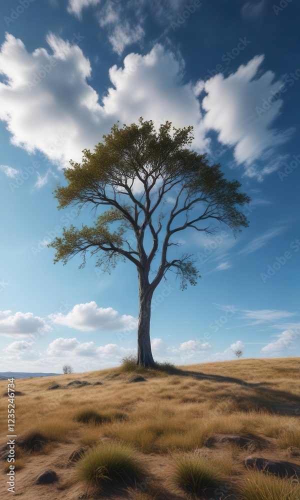 Distant blue sky with wispy clouds and a solitary tree, serene, cloud Distant blue sky with wispy clouds and a solitary tree, serene, cloud