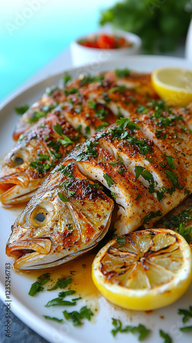 Two grilled fish fillets seasoned sliced and served with lemon wedges and fresh herbs on a white platter A vibrant appetizing seafood dish photo