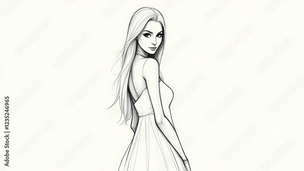 Minimalist vector sketch of a stylish woman with long flowing hair in black-and-white Minimalist vector sketch of a stylish woman with long flowing hair in black-and-white