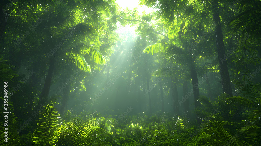 Fototapeta premium Sunbeams in lush rainforest, misty undergrowth, exploration backdrop