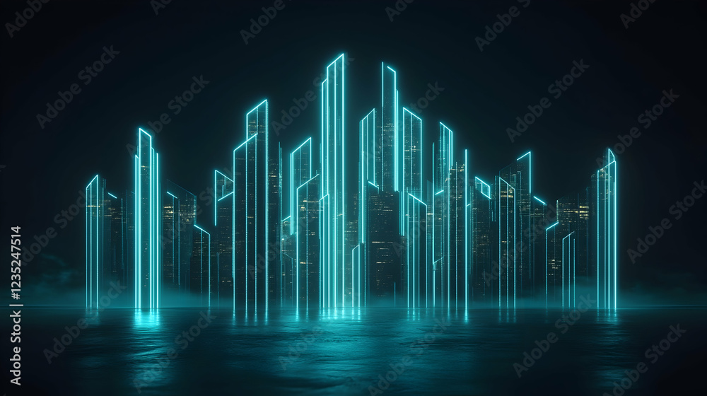 Naklejka premium Futuristic neon city skyline reflecting on water, dark background, digital art, website banner