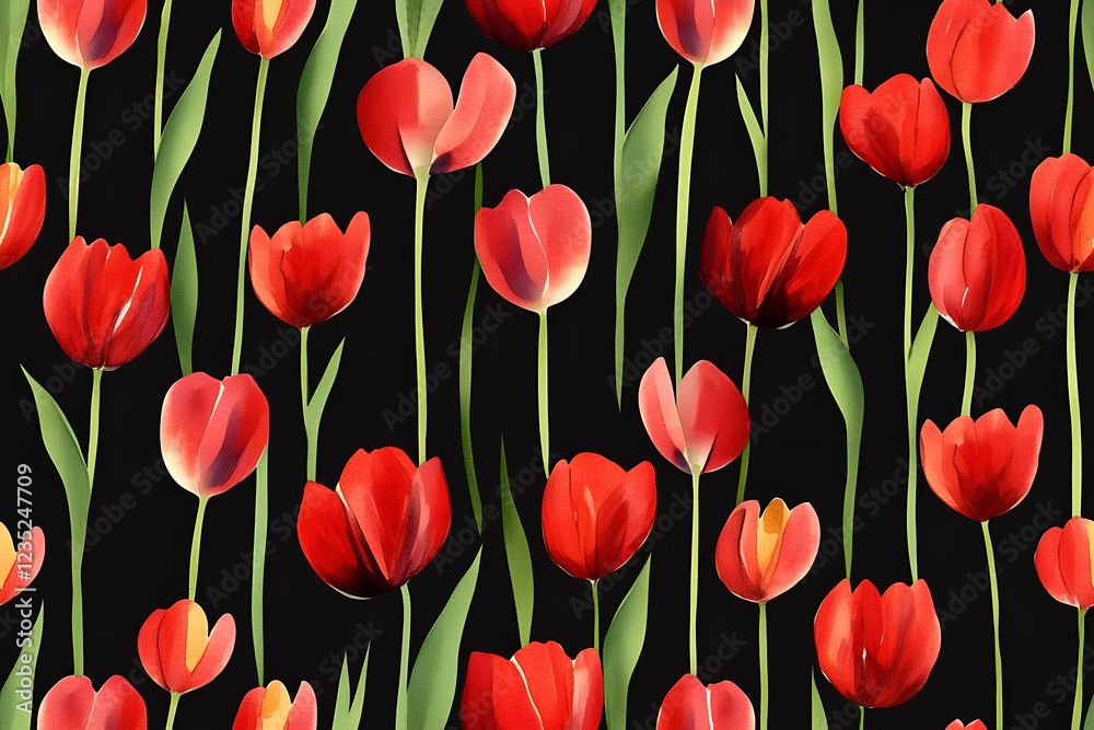 Obraz premium Scarlet Tulip Fields Seamless Pattern
