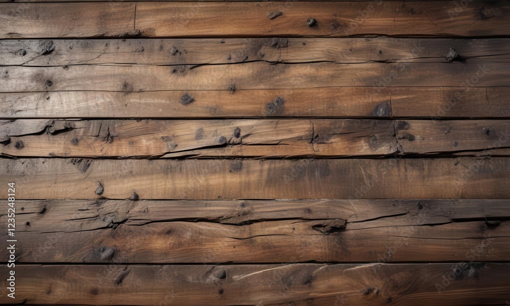 Naklejka premium Distressed wooden texture with horizontal cracks and grime, resembling weathered planks, wood texture, horizontal distress overlay texture