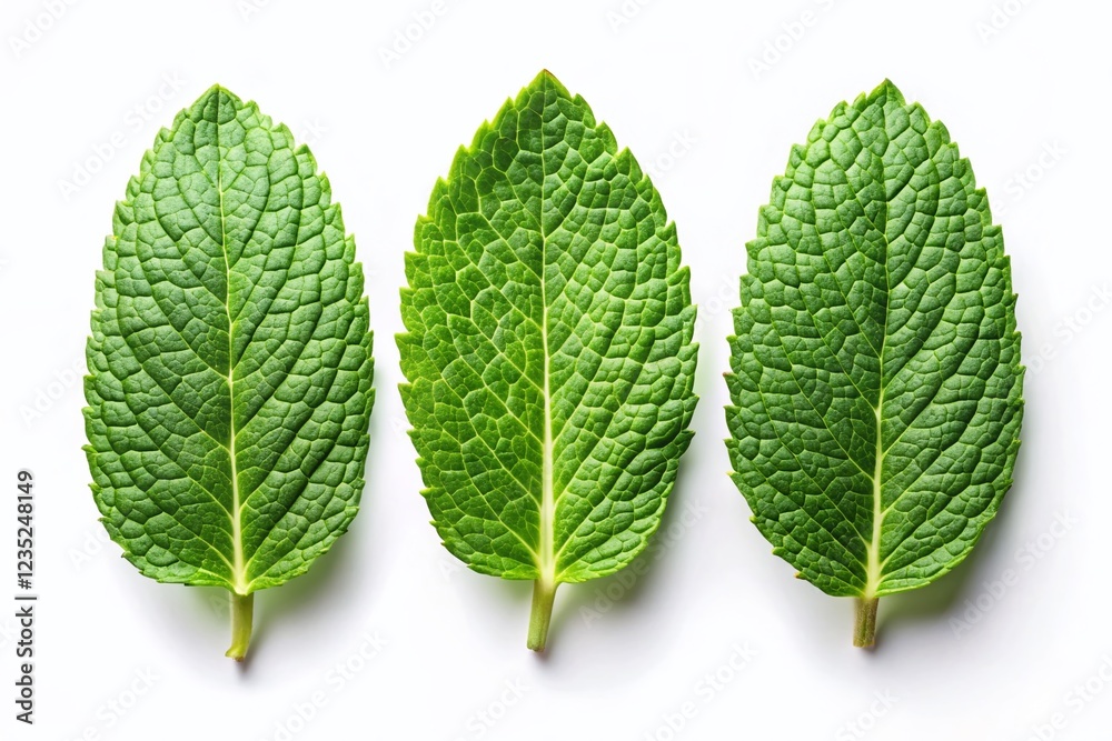 Aerial View of Three Mint Leaves in a Row - Isolated PNG Background Aerial View of Three Mint Leaves in a Row - Isolated PNG Background