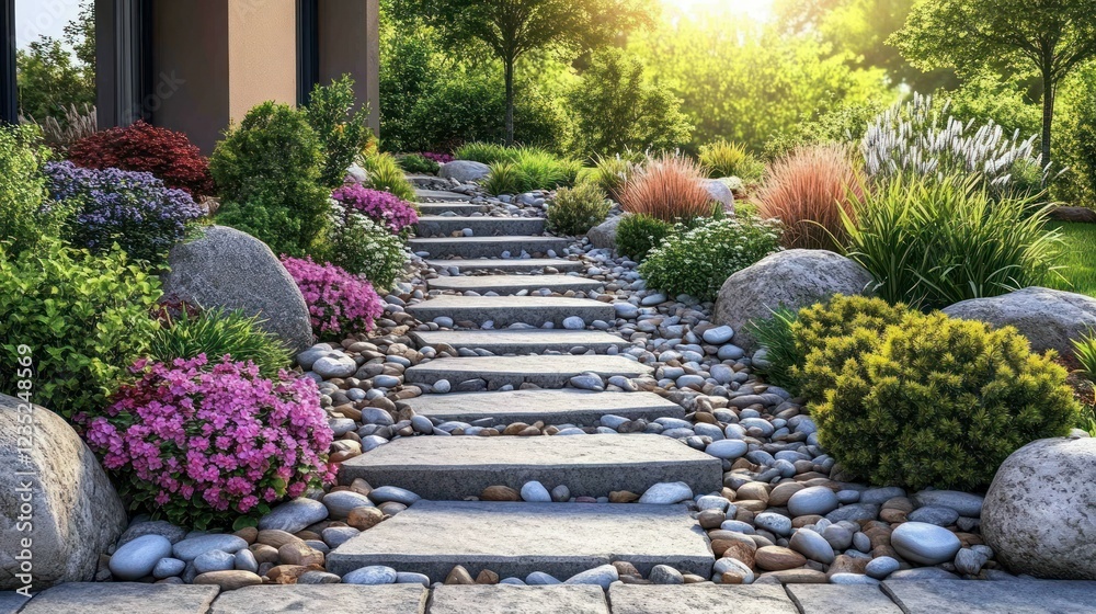 Obraz premium Sunny stone steps through landscaped garden