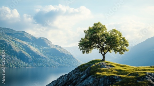 A lone tree sitting on top of a hill next to a body of water photo