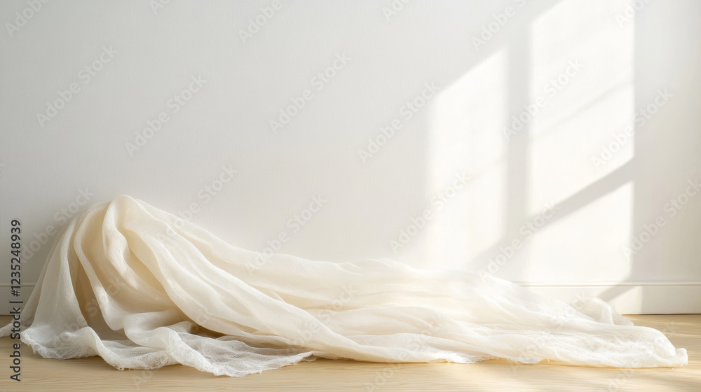 Delicate lace fabric is draped on a wooden table in a minimalist interior with window light creating shadows on the white wall, providing a serene and elegant backdrop Delicate lace fabric is draped on a wooden table in a minimalist interior with window light creating shadows on the white wall, providing a serene and elegant backdrop