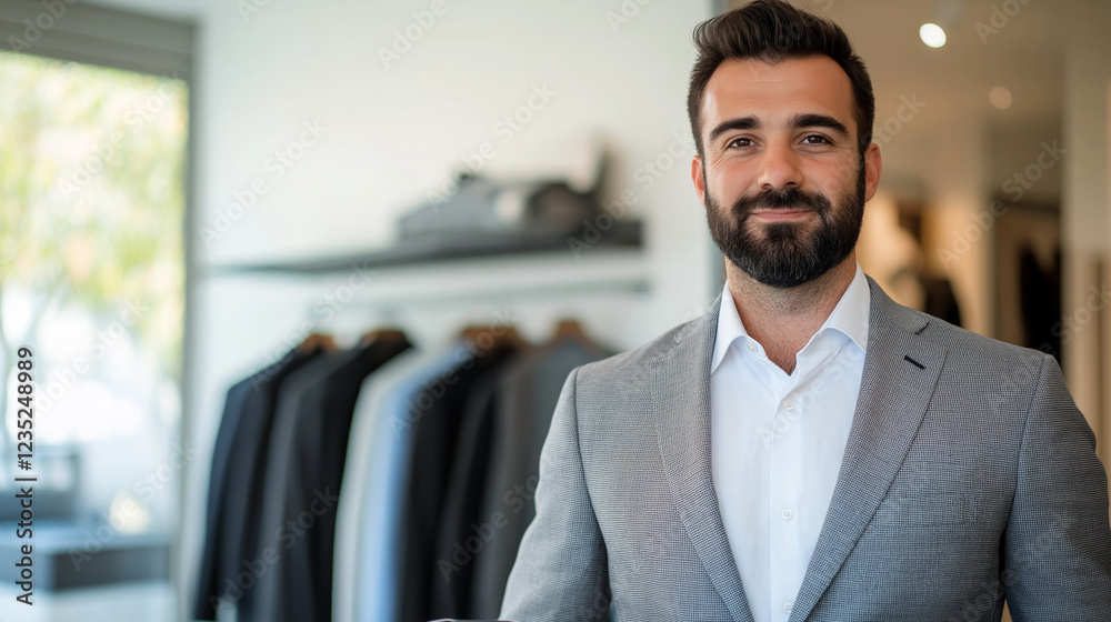 Naklejka premium Well-groomed professional sporting short beard standing confidently in upscale menswear boutique, tailored suits surrounding smiling businessman wearing crisp business attire