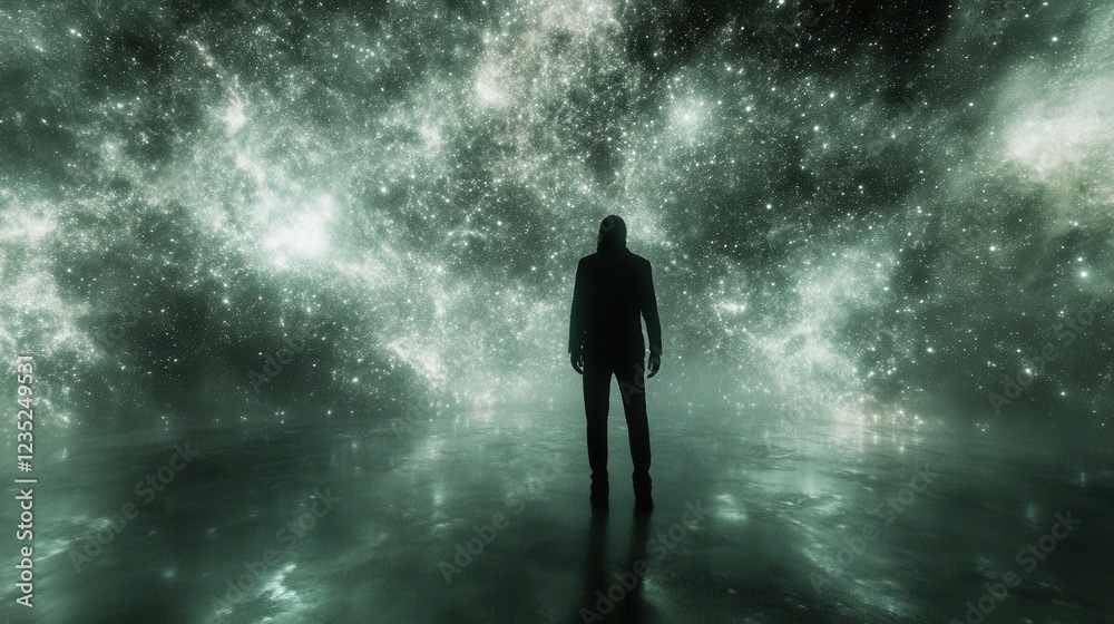 Person standing in front of a vast starry universe with green glowing elements at night Person standing in front of a vast starry universe with green glowing elements at night