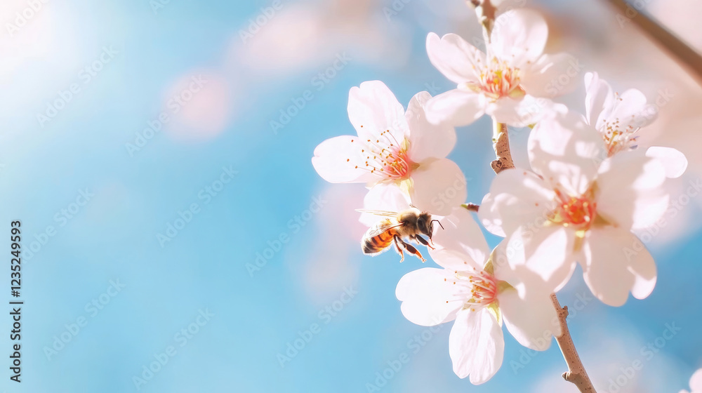 Honeybee flying near almond blossoms with blurred blue sky in background, concept of pollination, springtime, and delicate beauty of nature Honeybee flying near almond blossoms with blurred blue sky in background, concept of pollination, springtime, and delicate beauty of nature