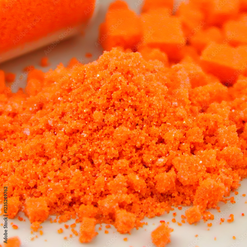 Orange crystals, granulated texture, close-up view, laboratory setting, scientific research Orange crystals, granulated texture, close-up view, laboratory setting, scientific research