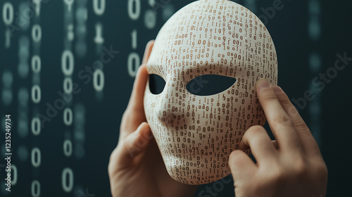 Hacker mask with metal key, access control and cyber protection concept