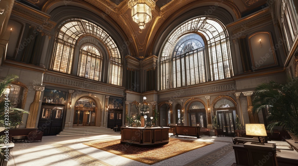 Fototapeta premium Grand Lobby Interior Architectural Design With Sunlight Streaming Through Windows