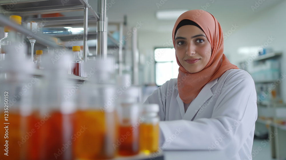 Muslim female scientist wearing hijab and white lab coat analyzing biological samples, conducting research in modern laboratory with sophisticated scientific equipment Muslim female scientist wearing hijab and white lab coat analyzing biological samples, conducting research in modern laboratory with sophisticated scientific equipment