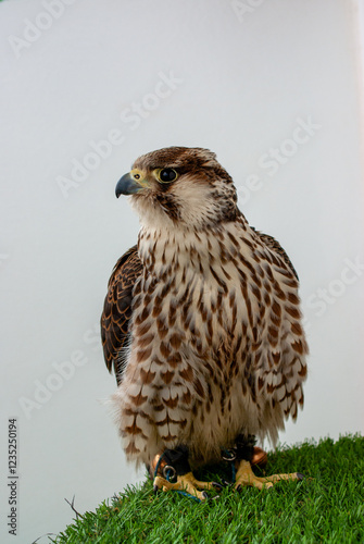 A vertical view of a male peregrine falcon (Falco peregrinus) is sitting on a perch with a white background. photo