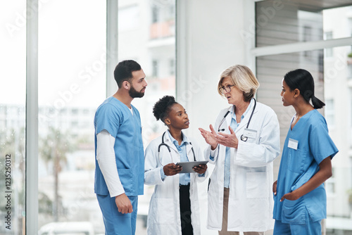 Healthcare, meeting and doctor with tablet for online patient report, results review and diagnosis. Training, medical people and team communication in hospital, clinic or health facility schedule photo