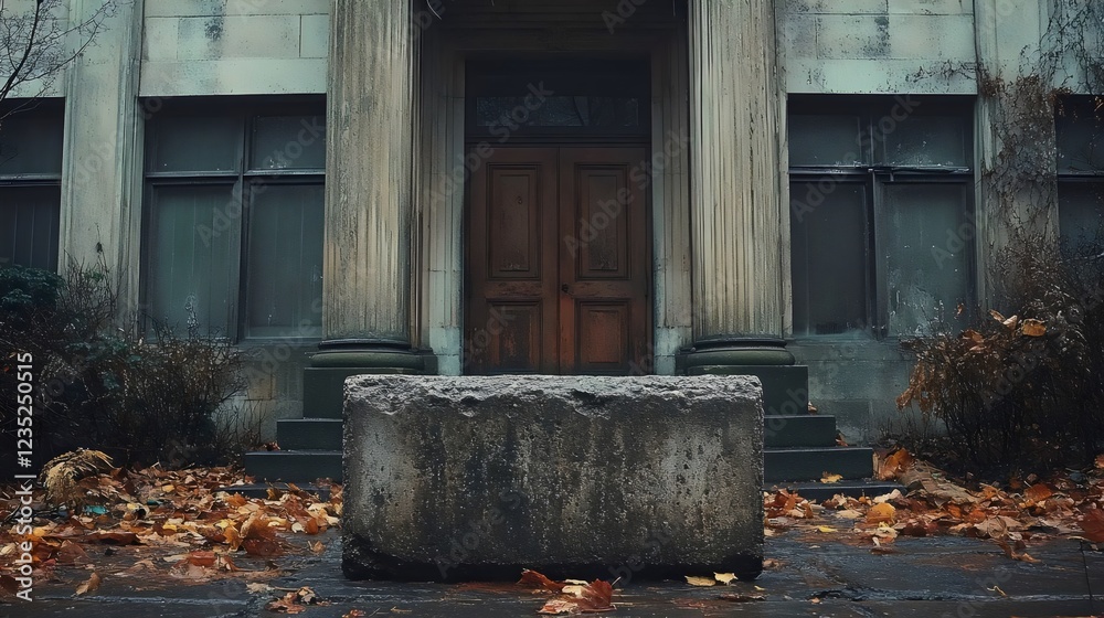 A large stone block sits in front of a building with a wooden door A large stone block sits in front of a building with a wooden door