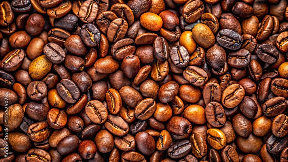 Naklejka premium AI Coffee Bean Texture Drone Shot, Closeup, Macro, Coffee Beans, Detail, Aerial View, High Resolution
