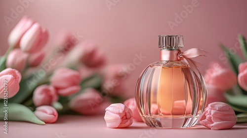 spring pink perfume in glass bottle 