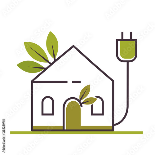 An icon a house with green leaves, and a cord, symbolizing the flow of energy and the preservation of natural resources. Concept of eco friendly construction, using natural resources. Not AI generated