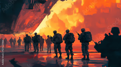 Digital painting of american soldiers at normandy disembarkation june celebration. Retro Futurism. Illustration photo