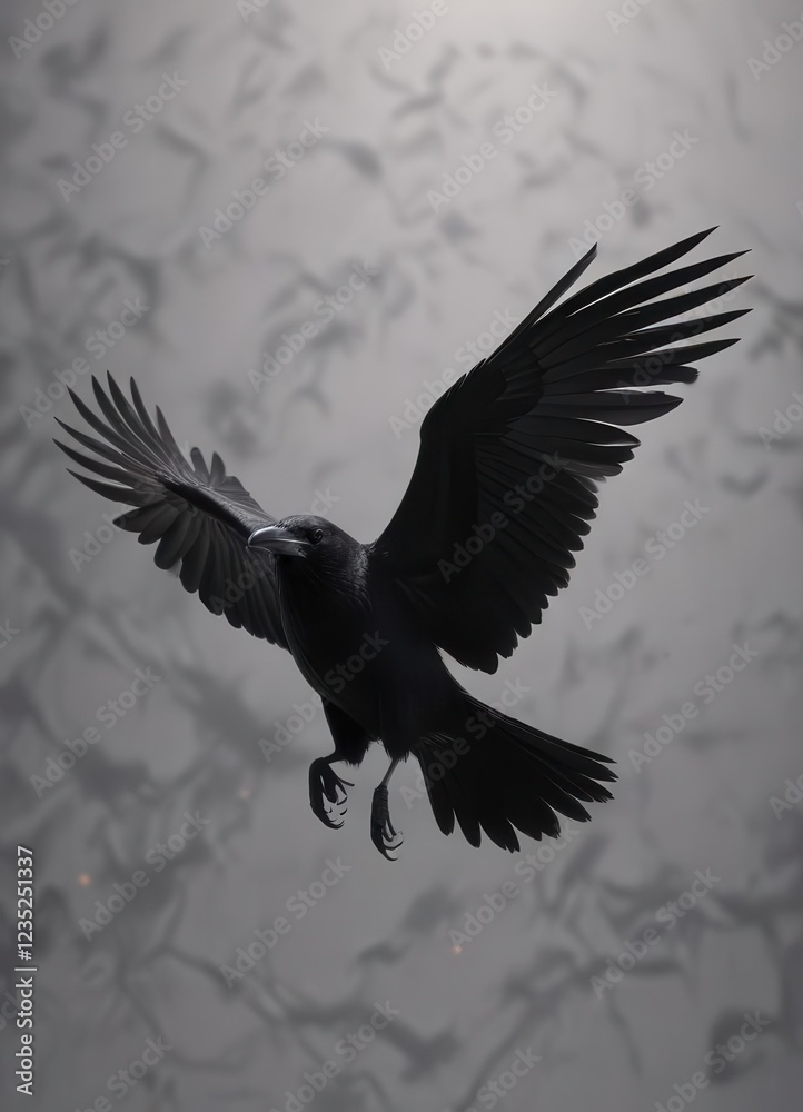 Fototapeta premium Elegant silhouette of a crow in mid-air, wings spread wide , black and white illustration, flying bird