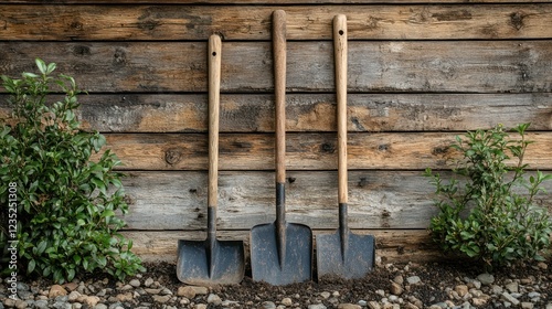 Three garden shovels leaning against rustic wooden wall, plants in foreground photo