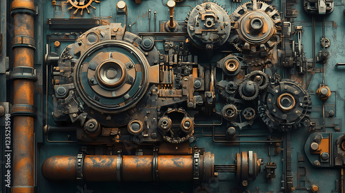 Futuristic steampunk mechanism with intricate gears and pipes , technology, abstract, high-tech, machine, futuristic. Retro Futurism. Illustration photo